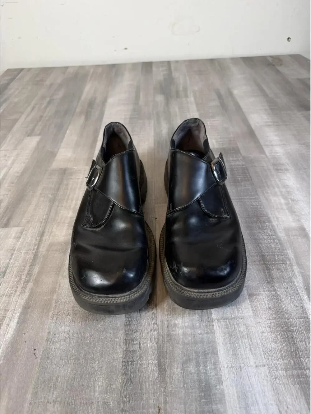 Skechers Mens Size 13 Black Leather Y2K Chunky Buckle Strap Moto Goth Platform